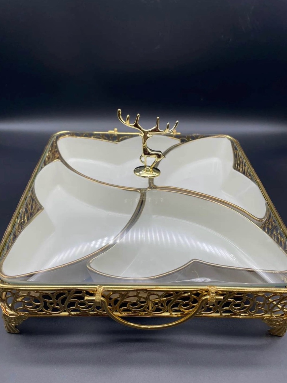Gold & White Four-Section Serving Tray with Deer Handle